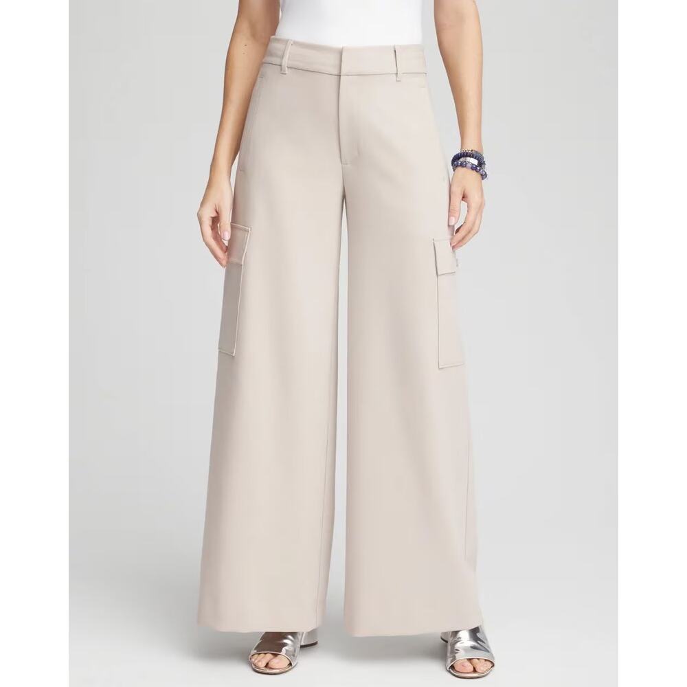 NWT Chico's Women 14 Polished Wide Leg Cargo Pants Minimalist Beige Chic Office